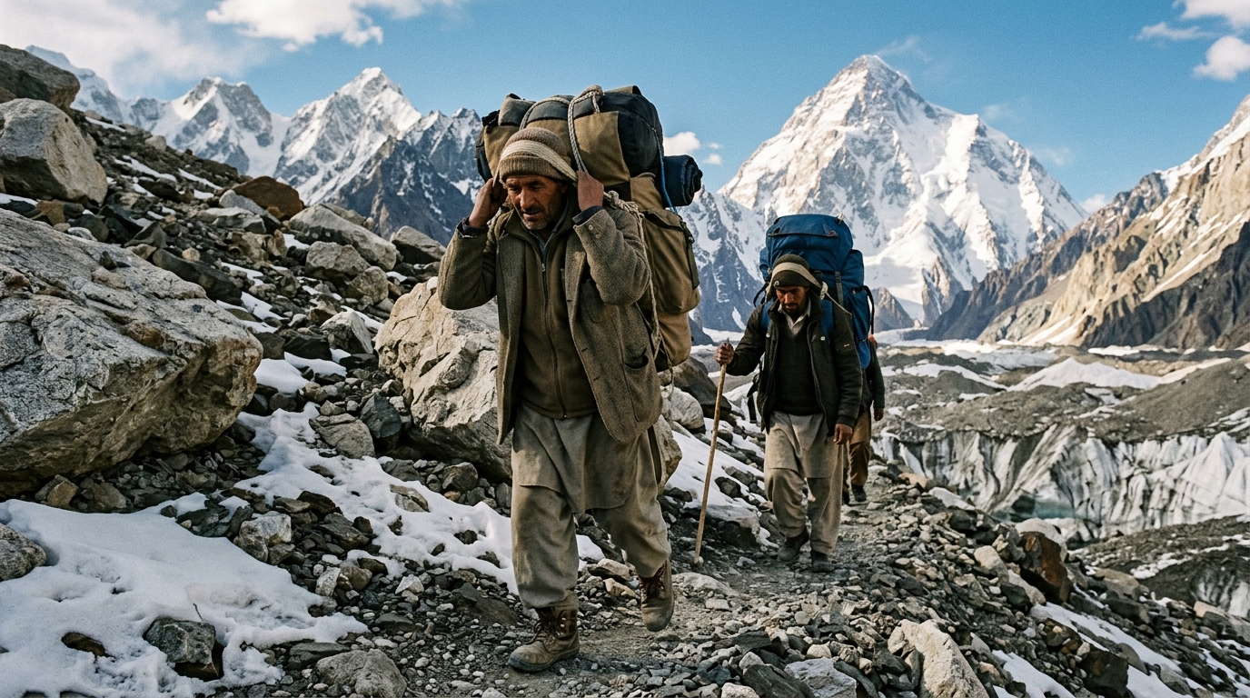 Karakoram porters on Baltoro glacier trail